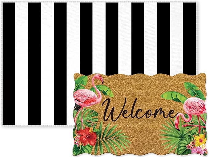 Fourluoo 2 Piece Summer Door Mat Combo Set 100% Coco Coir Tropical Flamingo Welcome Mat and 28 x 40 Inch Black White Striped Rug Layering Front Door Rug for Entrance Front Porch Outdoor Decor Gifts