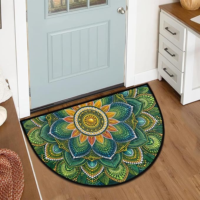 Mandala Half Round Door Mat Semi Circle Rug Half Moon Doormat | Soft Washable Green Blue Welcome Entrance Mat for Outdoor Indoor Floor Bedroom Bathroom Home Kitchen Festival Decor