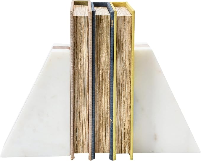 Main + Mesa Marble Geometric Bookends with Wood Inlay, White