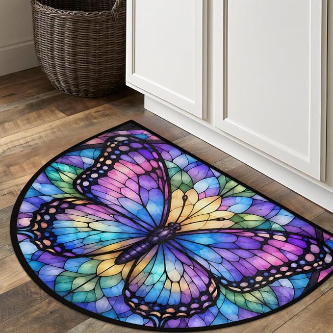 Butterfly Half Round Door Mat Outdoor Doormat Bedroom Entrance Rug A22 | Butterfly Semi Moon Door Mat Non-Slip Absorbent Kitchen Rug Indoor Welcome Bath Mat 36" X 24"