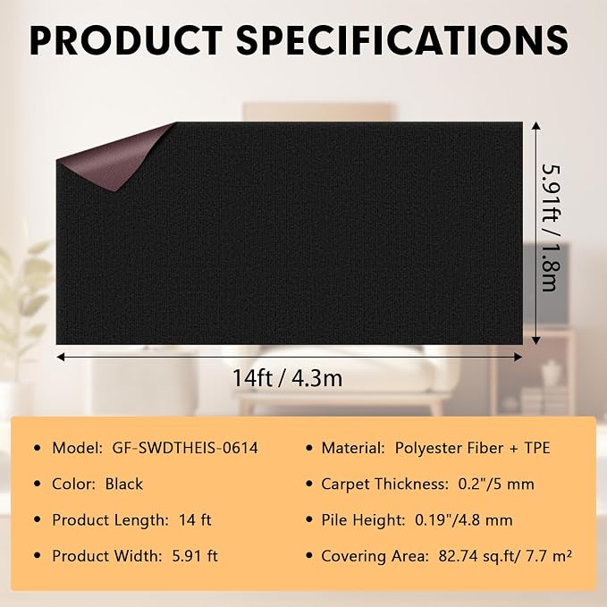 Grefinity Marine Carpet,6 FT x 14 FT Black Indoor Outdoor Carpet 0.2" Thick Boat Rug with Water-Proof TPE Backing for Home, Patio, Porch, Deck