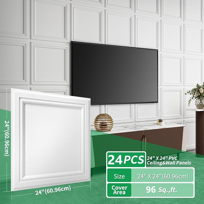 Art3d 24 Pack PVC Ceiling Tiles 24x24 Inches(96 Sq.,ft), Snow White | Waterproof Drop Ceiling Tiles/Wall Panels for Interior Wall Decor