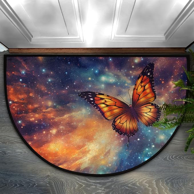 Butterfly Half Round Doormat Non-Slip Semi Circle Rug Half Moon Mat | Color Galaxy Color Washable Soft Absorbent Indoor Outdoor Entrance Kitchen Bathroom Sink Patio Welcome Fireplace Floor Rug
