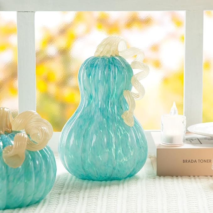 Glitzhome Hand Blown Glass Pumpkin Decor 8.5" Turquoise - Artisan Fall Harvest Thanksgiving Table Centerpiece Halloween Home Decor