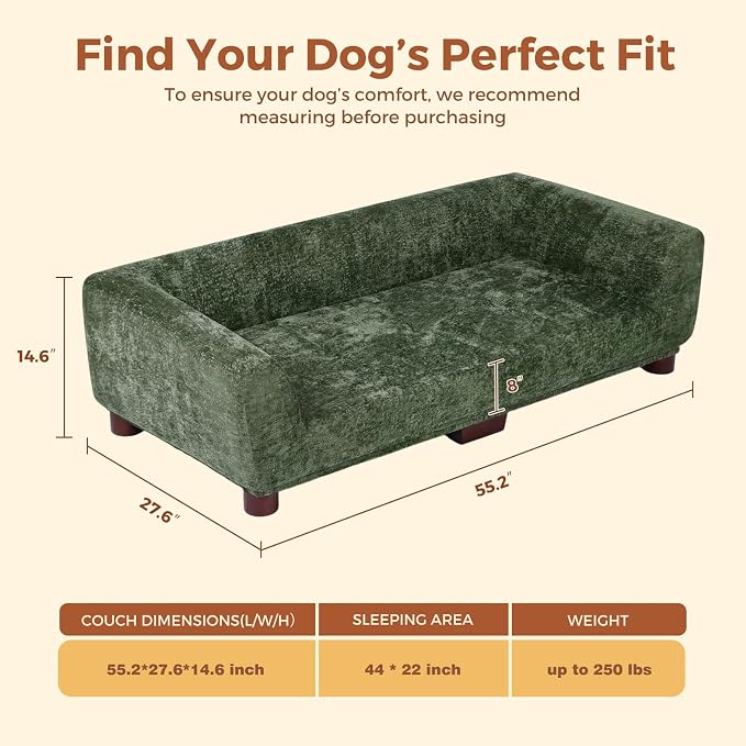Dog Couch Sofa for Large & Extra Large Dogs, Elevated Pet Bed with Legs, Button Tufted Chenille Dog Couch with Backrest and Armrests, Modern Indoor Dog Furniture(Green, XXL - 55" x 28" x 15")