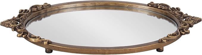 Kate and Laurel Arendahl Vintage Oval Mirrored Decorative Tray; 17 x 10; Antique Gold; Traditional Ottoman Tray for Living Room Home Decor with Ornate Detailing