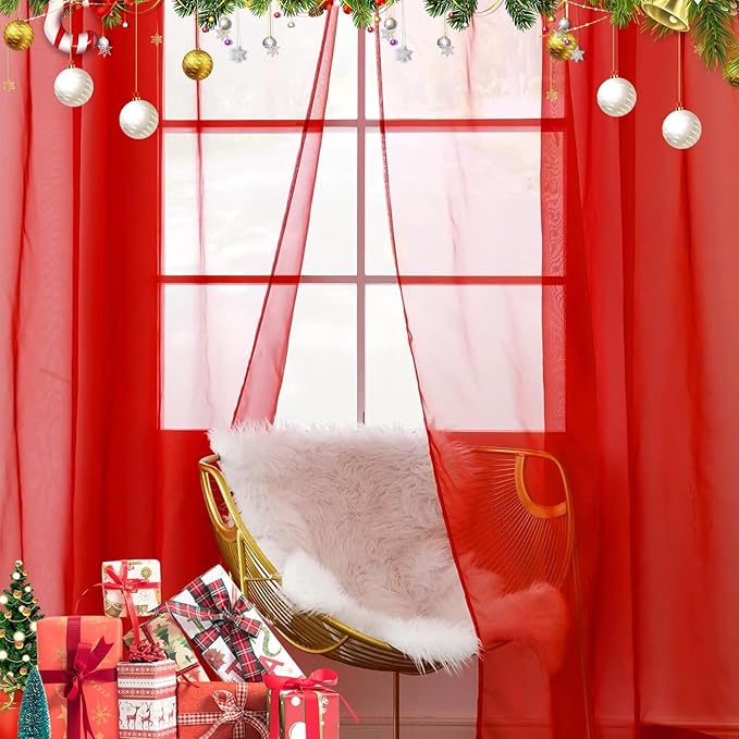 youleyar Solid Sheer Rod Pocket Curtain Voile Draperies 2 Panels White Beige Black Ivory Grey 26 Inch Width 40 Inch Long 1 Pair for Kitchen Bedroom Children Living Room Yard(Red,26W x 40L)