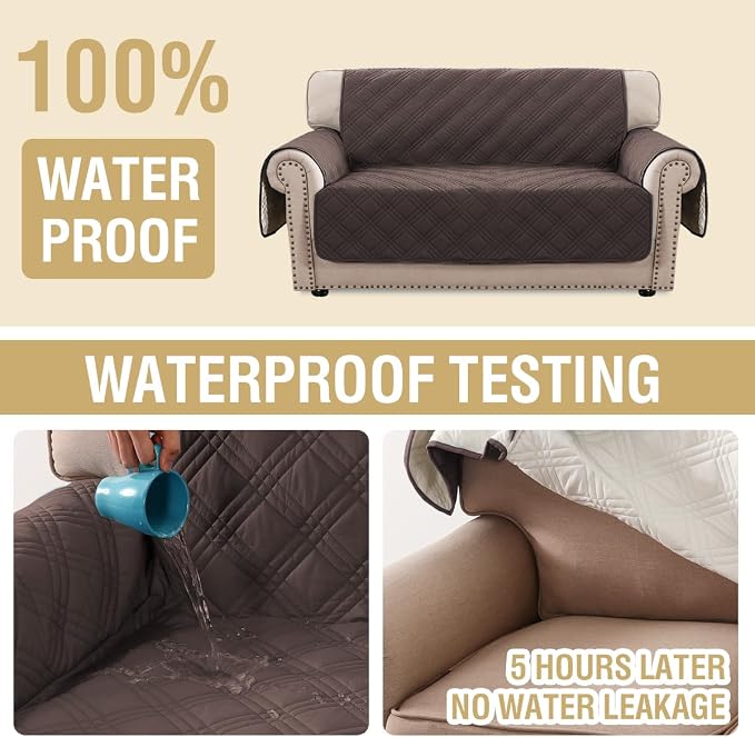 H.VERSAILTEX 100% Waterproof Couch Cover 2 Cushion Sofa Modern Sofa Covers Waterproof and Washable Thick Soft Couch Cover for Pets with Elastic Straps(Loveseat,Chocolate/Beige)