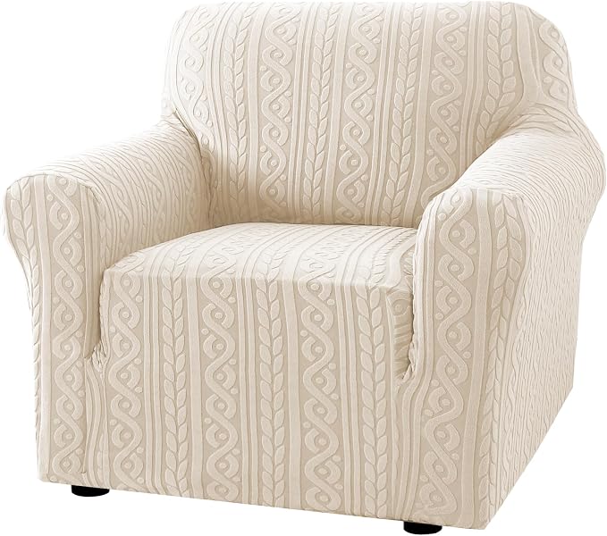 H.VERSAILTEX Chair Cover 1 Piece Stretch Dog Couch Cover Anti-Slip Soft Slipcovers for Couches and Sofas Washable Upgrade Thick Jacquard Fabric with Spiral Pattern(30"-40", Ivory)