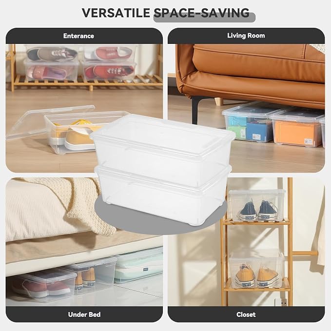 novelinks 8 Pack 6QT Plastic Storage Bins with Lids, Shoe Boxes (Clear) | Clear Shoe Storage Boxes, Shoe Boxes Clear Plastic Stackable, Shoe Bins, Shoe Containers, Craft Organizers and Storage