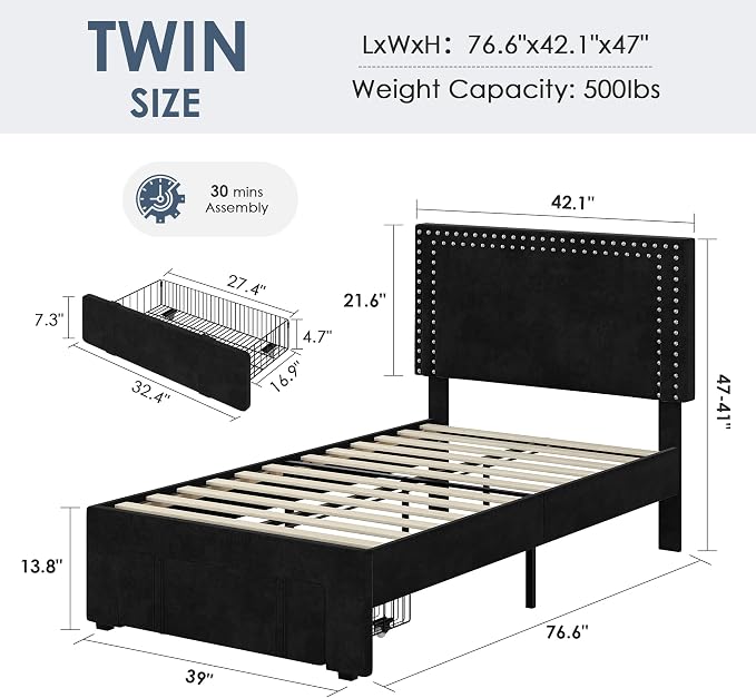 VECELO Twin Size Upholstered Bed Frame with Storage Drawer, Adjustable Velvet Rivet Decor Headboard, Wooden Slats Platform Support, No Box Spring Needed, Easy Assembly,Black