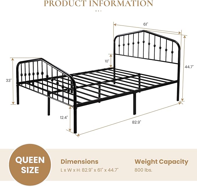 SHA CERLIN Queen Metal Bed Frame with Wrought Iron-Art Headboard, Black | Victorian Style Metal Platform Bed Frame, Wrought Iron-Art Headboard and Footboard, Under-Bed Storage, No Box Spring Needed
