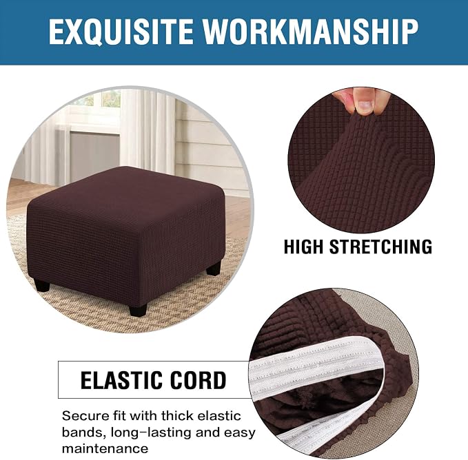 H.VERSAILTEX Square Ottoman Covers Ottoman Slipcovers Folding Storage Stool Furniture Protector Form Fit with Elastic Bottom, Stretch High Spandex Small Checks Jacquard Fabric(Large,Chocolate)