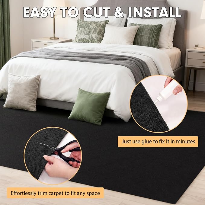 Grefinity Marine Carpet,6 FT x 23 FT Black Indoor Outdoor Carpet 0.2" Thick Boat Rug with Water-Proof TPE Backing for Home, Patio, Porch, Deck