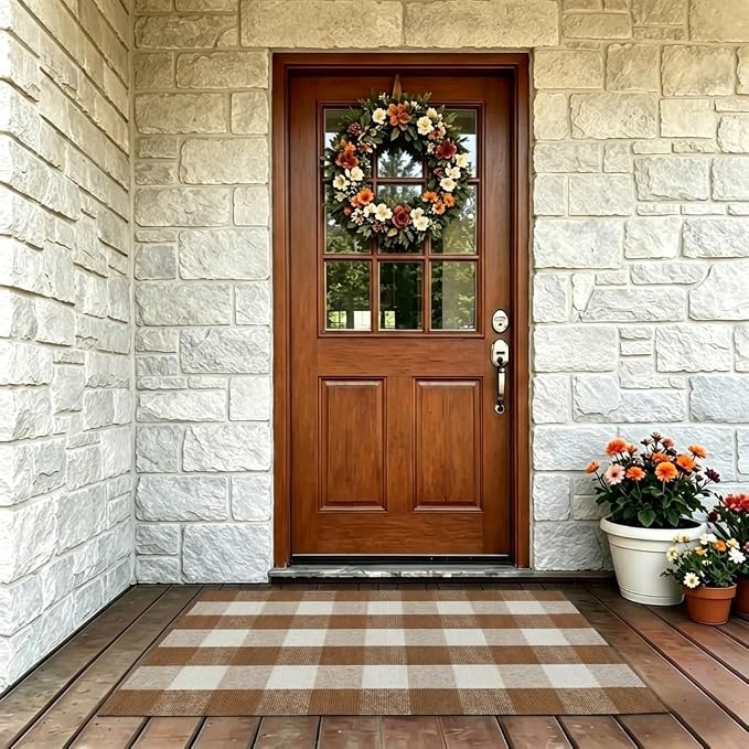 SEEKSEE Buffalo Plaid Outdoor Rug 27.5x43 Coffee and White Front Door Mat, Layering Rug for Porch, Fall Doormat, Front Porch Rug for Outdoor Entrance Entryway Patio Porch Decor