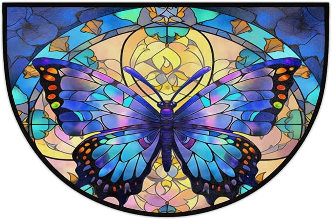 Half Round Door Mat Blue butterfly Glass Window Intdoor Entrance 36x24 Inch, Non-Slip Welcome Mat for Outdoor Semi Circle Bathroom Floor Rugs,House Entry Way Heavy Duty Doormat for Kitchen Living Room