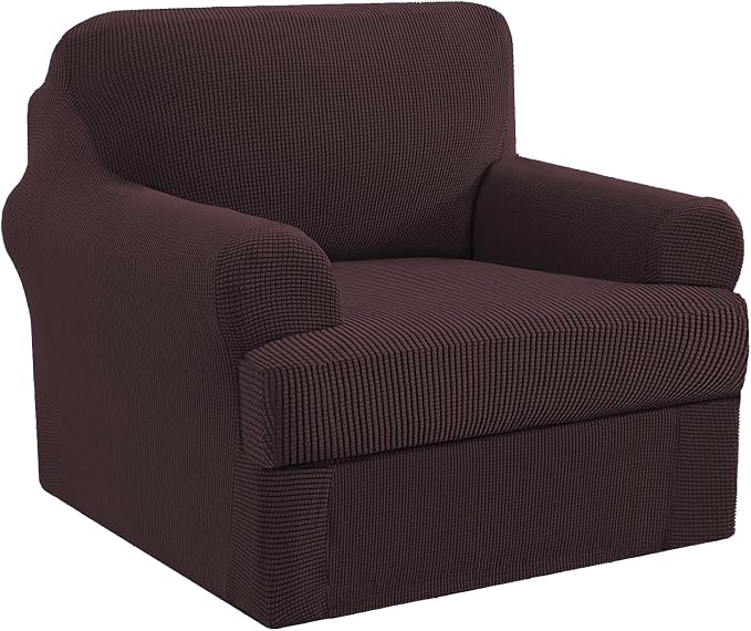 H.VERSAILTEX Stretch 2 Piece Chair Covers for Armchair Chair Covers for Living Room Furniture Cover Suit for T Cushion/Box Cushion, Spandex Jacquard Fabric Small Checks(Armchair-Oversized, Brown)