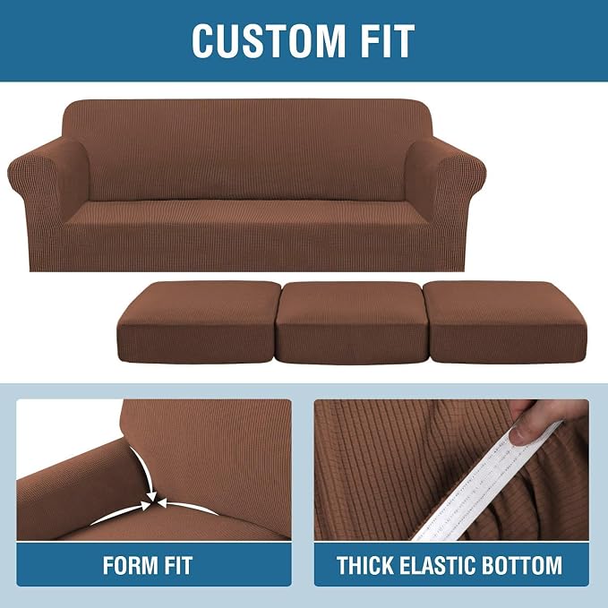 H.VERSAILTEX 4 Piece Stretch Sofa Covers for 3 Cushion Couch Covers for Living Room Furniture Slipcovers (Base Cover Plus 3 Seat Cushion Covers) Thicker Jacquard Fabric (Large Sofa, Caramel)