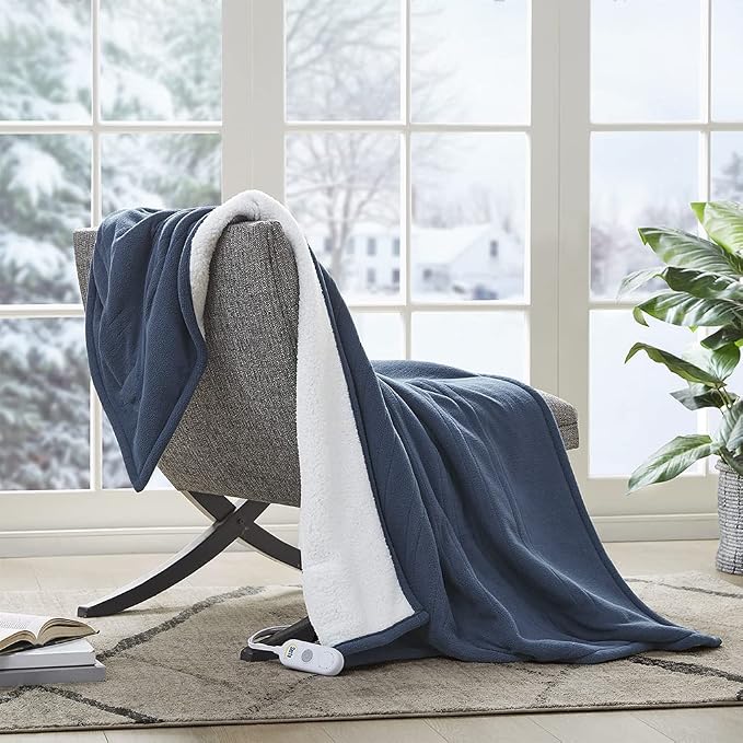 Serta Heated Electric Throw - Reversible Fleece Heating Blanket, Indigo | Dual-Layer Heated Throw Blanket With 5 Heat Settings & Auto Shut Off, Machine Washable, ETL Certified