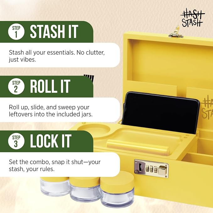 HASHSTASH The OG Storage Box - Large Bamboo Box with Combination Lock, Magnetic Lid, Organizer Tray, Airtight Tube and 3 Jars - Discreet Decorative Locking Wooden Box with Accessories (Yellow/Gold)