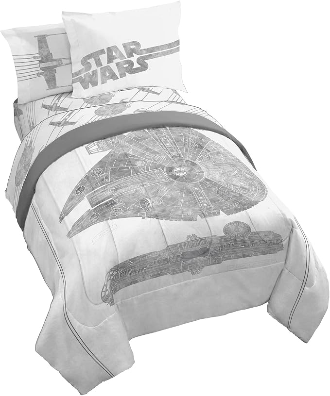 Star Wars Twin Comforter Set 5 Piece Soft Bedding for Boys, White | Millennium Falcon, Comforter Sheets Sham Pillowcase, Official Product, Microfiber, Machine Washable, Easy Care, Boys Gift