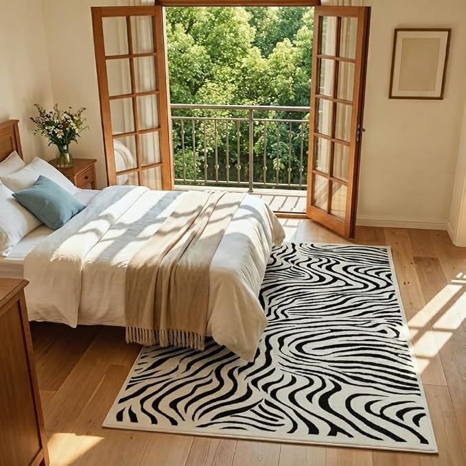 Zebra Print Rug, 5x7, Black and White Animal Print Rug, Modern Abstract Design, Non-Slip TPE Backing, Low-Pile, Washable and Easy-to-Clean, Suitable for Living Rooms, Bedrooms, and Home Offices