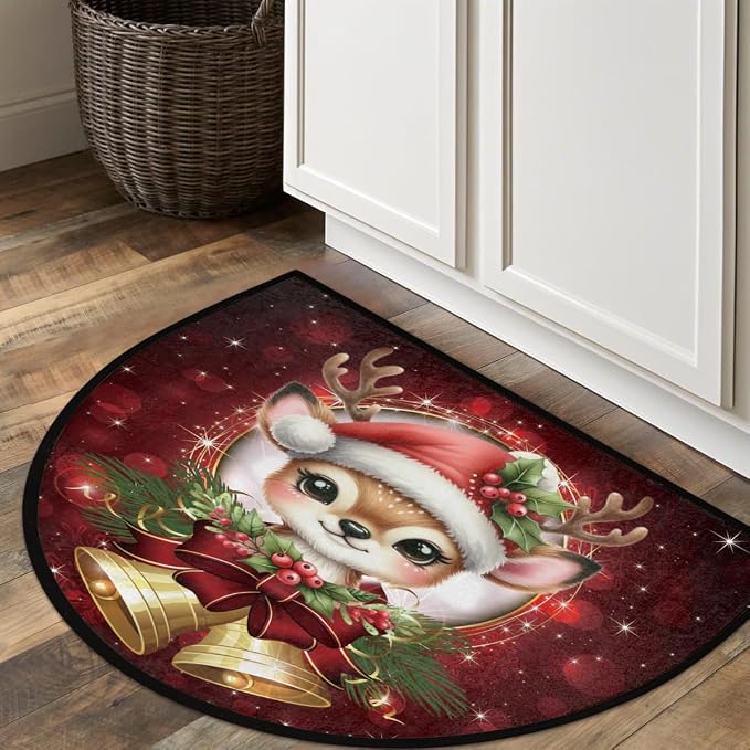 Christmas Xmas Half Round Door Mat Christmas Xmas Bells Deer Half Moon Rug Washable Half Circle Area Rugs Indoor Entrance Non Slip Semi Circle Rugs Floor Carpet for Kithen Bedroom Decorate Gift