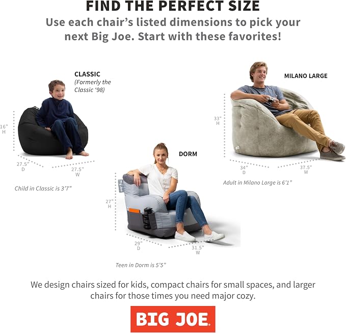 Big Joe Classic Bean Bag Chair for Kids Bedroom and Reading Nook, Easy-Clean Stretch Limo Black, Durable Nylon Polyester Blend, 2 feet Refillable | 2 feet, Smartmax Fabric, Polystyrene Bean Filled, Refillable, Nylon Polyester, Safe for Kids Ages 3+, Su...