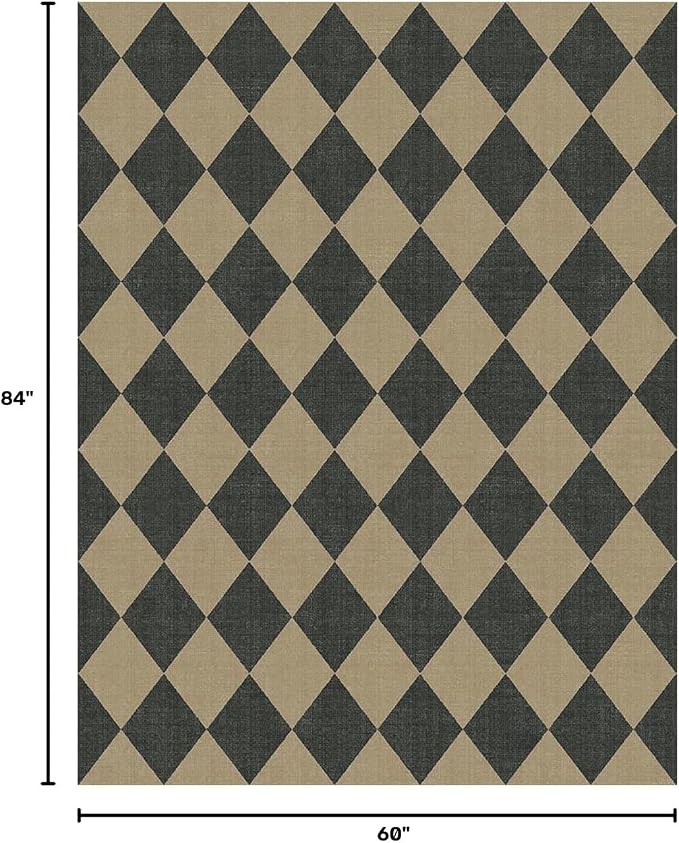 Lessymo Checkered Easy Jute 5x7 Rugs, Washable Patio Rug for Living Room | Farmhouse Indoor Outdoor Carpet, Non Slip for Bedroom Backyard Dining Room, Stain Resistant, Geometric Diamond Black/Beige