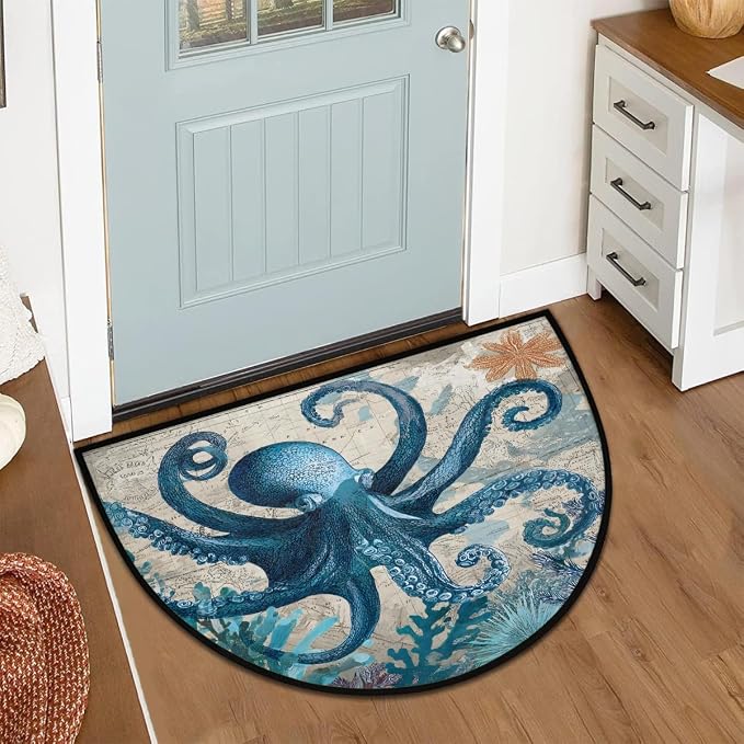 Octopus Half Round Doormat Semi Circle Rug Half Moon Rug Entryway Mat | Octopus Vintage Washable Non Slip Outdoor Floor Rug Kitchen Mat for Indoor Outdoor Bathroom Fireplace Bath Decor