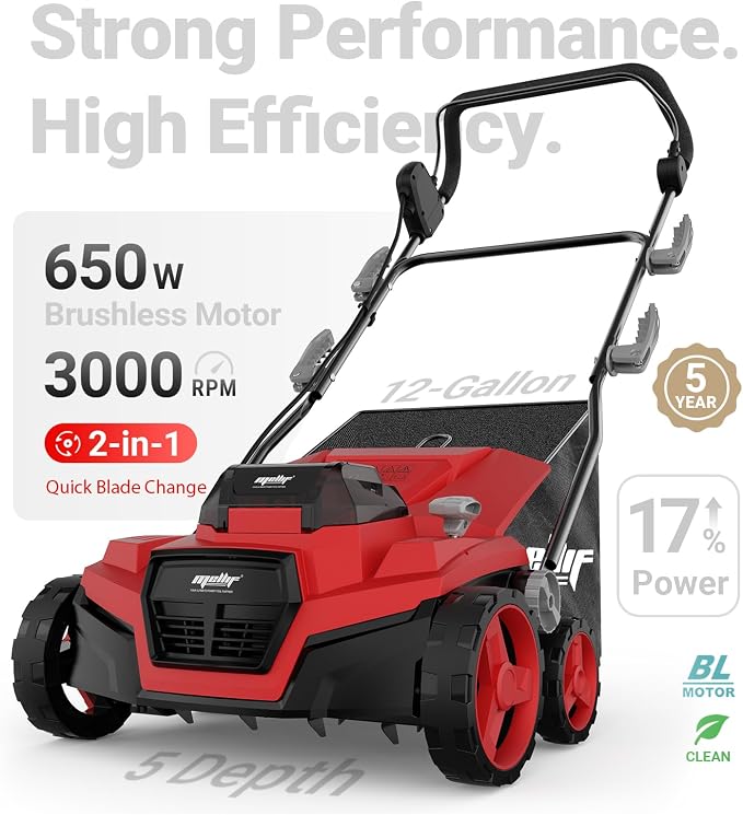 Cordless Dethatcher and Scarifier Compatible with Milwaukee 18V Battery | Tool Only, 15" Electric Brushless Lawn Dethatcher, Dual Battery Powered, Air Boost Technology, 12-Gal Collection Bag,5 Depths