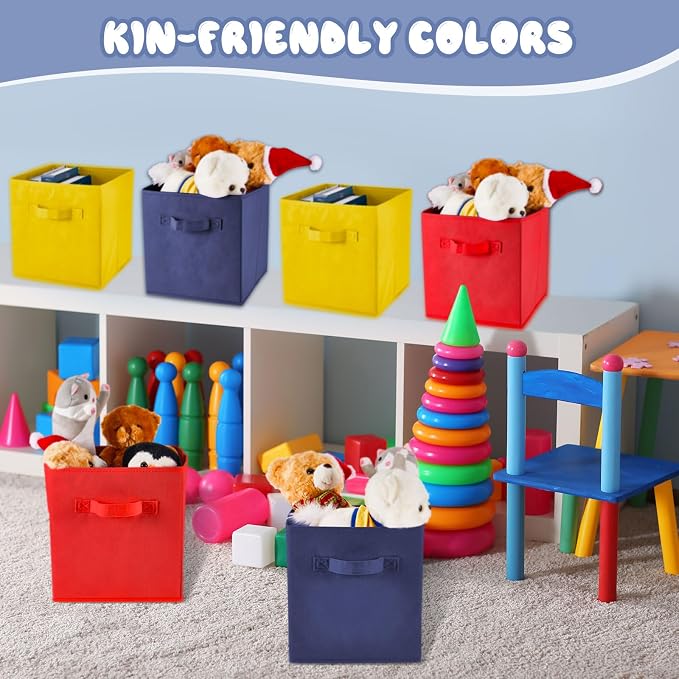 Yinder 12 Pcs Cube Storage Bin 10.5''x10.5''x11'' Storage Bins for Playroom Decor Colorful Bins for Kids Foldable Baskets for Nursery Organizer Boxes Fabric Boxes(Navy Blue, Red, Yellow)