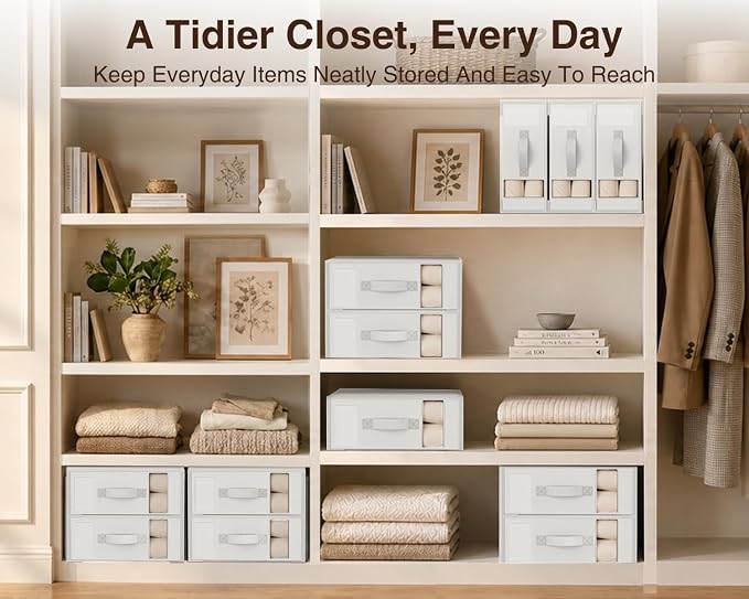 DIMJ Bed Sheet Organizers and Storage 8 Pack - Foldable Sheet Holder, Linen Closet Organizer Box for Sheets Set, Bedding, Blankets, Towel (King & Queen Size)