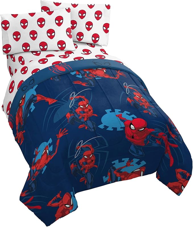 Marvel Spiderman Full Size Comforter Set 5 Piece Kids Bedding, Blue | Bed in a Bag, Comforter Sheets Pillowcases, Official Product, Soft Microfiber, Machine Washable, Easy Care, Boys Gift