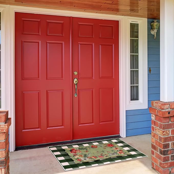 Fourluoo 2 Piece Floral Door Mat Floral Scalloped Coco Coir Doormats Green and White Plaid Welcome Mat 28 x 40 Inch Non Slip Boho Layering Front Door Rug for Indoor Outdoor Entrance Front Porch