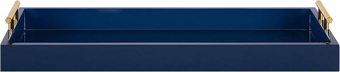 Kate and Laurel Lipton Narrow Decorative Tray with Polished Metal Handles, 10" x 24", Navy Blue and Gold, Chic Accent Tray for Display and Storage