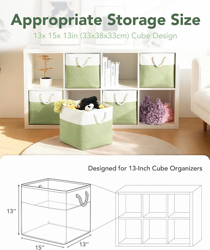 13x15x13 Inch Large Storage Bins with Cotton Rope Handles 6-Pack | Foldable, Top support of metal frame, Bottom with Cardboard Support, Fabric Cube Storage Bins for Closet, White Green