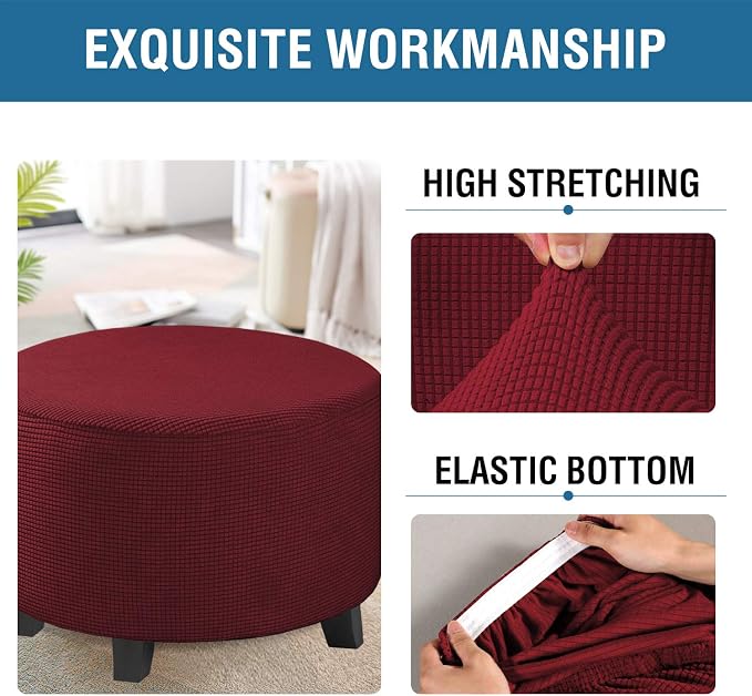 H.VERSAILTEX Ottoman Cover Stretch Ottoman Slipcover Round Ottoman Storage Cover Folding Stool Covers Furniture Protector Cover for Footrest Ottoman Fit Dia 30" - 41", Burgundy Red