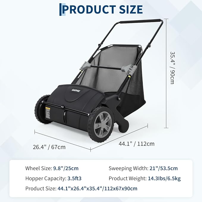 21" Push Lawn Sweeper, Heavy Duty Leaf Collector with 3.5 Cu. ft. Bag, Walk Behind Grass Sweeper, Dual Spinning Brushes, Adjustable Height for Leaves, Pine Needles & Yard Debris