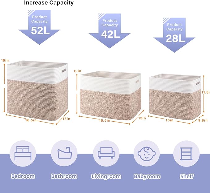OIAHOMY Storage baskets for Shelf, Large Collapsible Storage Bins, Blanket Basket Living Room, 16.5 x 13 x 15 Inches-Pack of 2-Brown