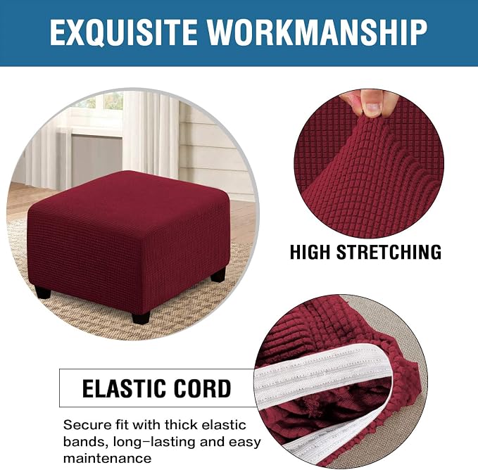 H.VERSAILTEX Square Ottoman Covers Ottoman Slipcovers Folding Storage Stool Furniture Protector Form Fit with Elastic Bottom, Stretch High Spandex Small Checks Jacquard Fabric(Large,Burgundy Red)