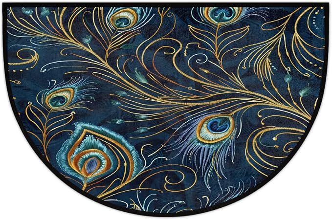 Peacock Half Round Doormat Non-Slip Semi Circle Rug Half Moon Mat | Color Feather Bird Washable Soft Absorbent Indoor Outdoor Entrance Kitchen Bathroom Sink Patio Welcome Fireplace Floor Rug