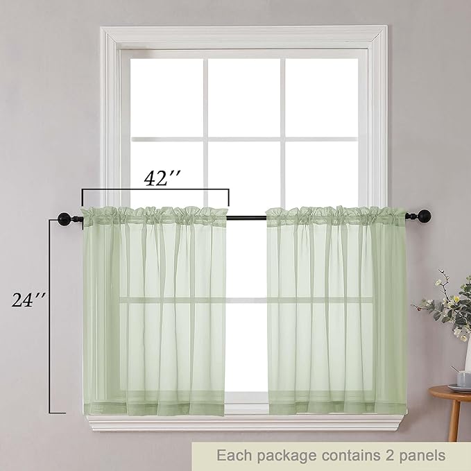 Kitchen Curtains 24 Inch Length Tier 2 Pieces, Light Green Sheer Curtain Solid - Image 2