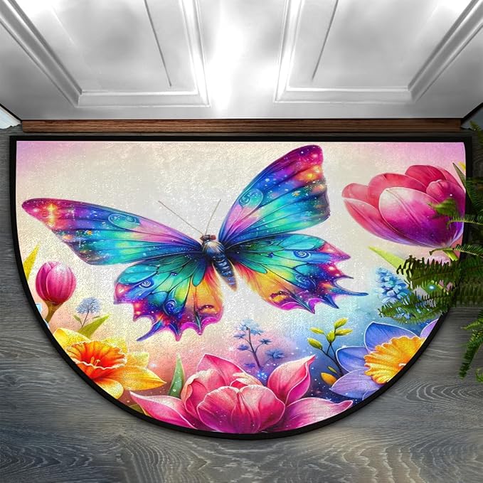 cfpolar Half Round Door Mat Flower Animal Butterfly Non-Slip Semi Circle Area Rug Washable Half Moon Hearth Rugs for Indoor Outdoor Bathroom Kitchen Patio Runner Mat Laundry Room Home Decoration