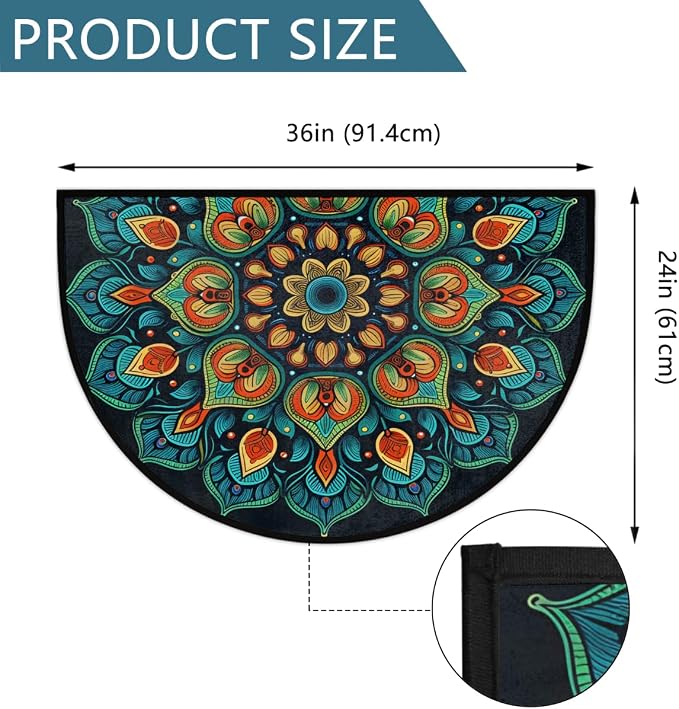 Flowers Mandala Half Round Door Mat Non Slip Half Circle Rugs | Green Ethnic Washable Half Moon Rug Semi Circle Rugs Indoor Entrance Floor Carpet for Kithen Bedroom Fireplace Decor