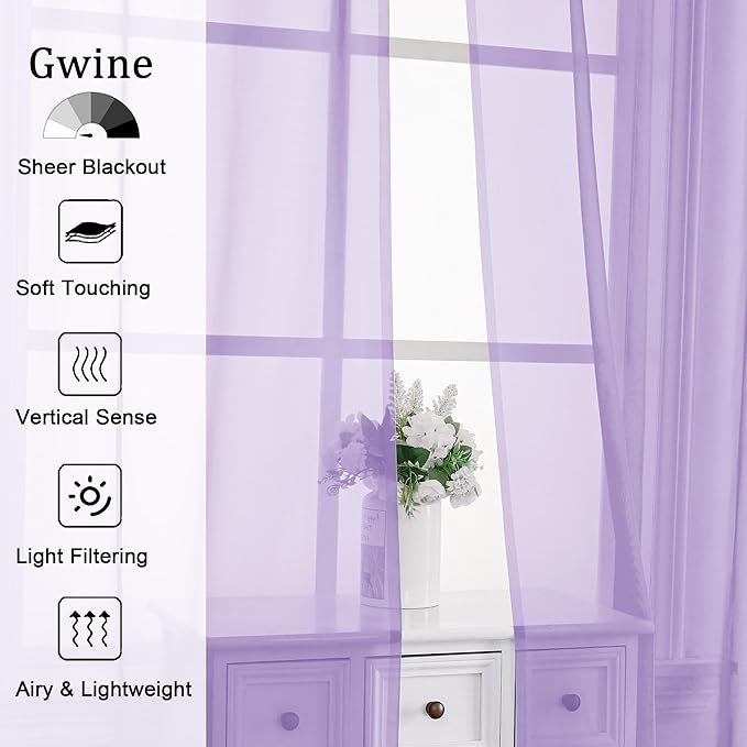 Gwine Lilac Sheer Curtains for Bedroom 54 inches Long 2 Panels, Light Filtering - Image 2