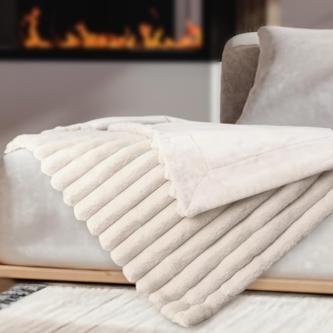 DEZ FURNISHINGS Luxury Reversible Textured Stripe Faux Fur & Velvet Throw Blanket, Throw XL (50" x 70"), Taupe