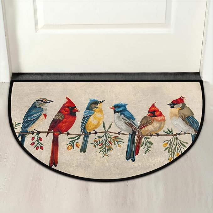 Bird Half Round Doormat Non-Slip Semi Circle Rug Half Moon Mat | Color Retro Bird Washable Soft Absorbent Indoor Outdoor Entrance Kitchen Bathroom Sink Patio Welcome Fireplace Floor Rug