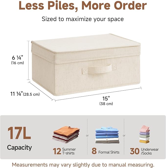 StorageWorks Storage Bins with Lid, Decorative Fabric Storage Bins with Handles, Stackable Closet Organizers for Shelves and Bedroom, Small, Beige(Natural Fabric), 2-Pack