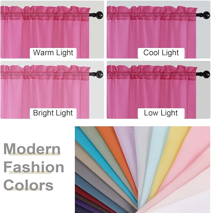 Kitchen Curtains 24 Inch Length Tier 2 Pieces, Hot Pink Sheer Curtain Solid - Image 5